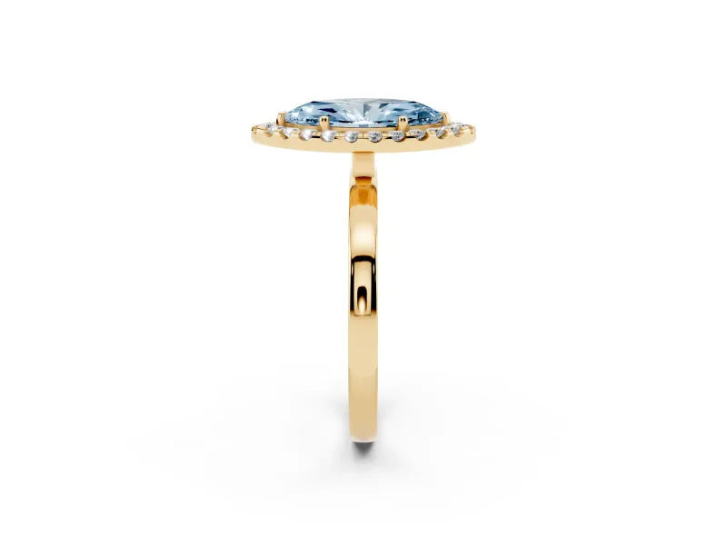 Fancy Blue Marquise Cut Diamond Halo Solitaire Ring Set in Yellow gold with Pavé Band and Prong Setting