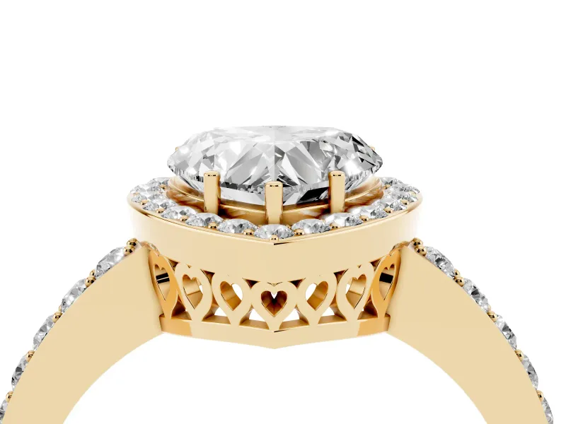 Heart Cut Diamond Halo Ring Set in Yellow gold with Pavé-Setting Band and Open Prong Center