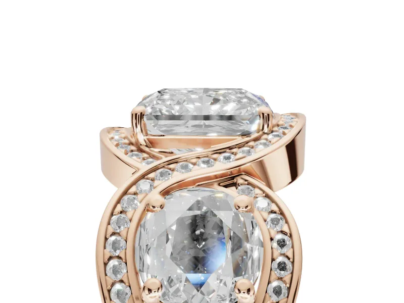 Radiant Cut Three Stone Halo Engagement Ring Setting | Pavé Wave Band | Rose Gold
