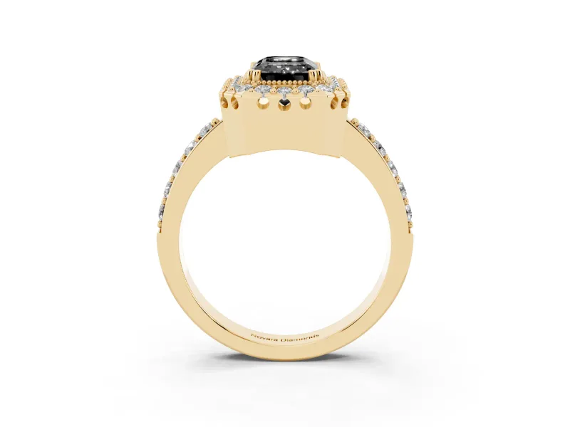 Emerald Cut Milgrain Halo Engagement Ring Setting for a Black Center | Pavé Shoulders | Yellow Gold