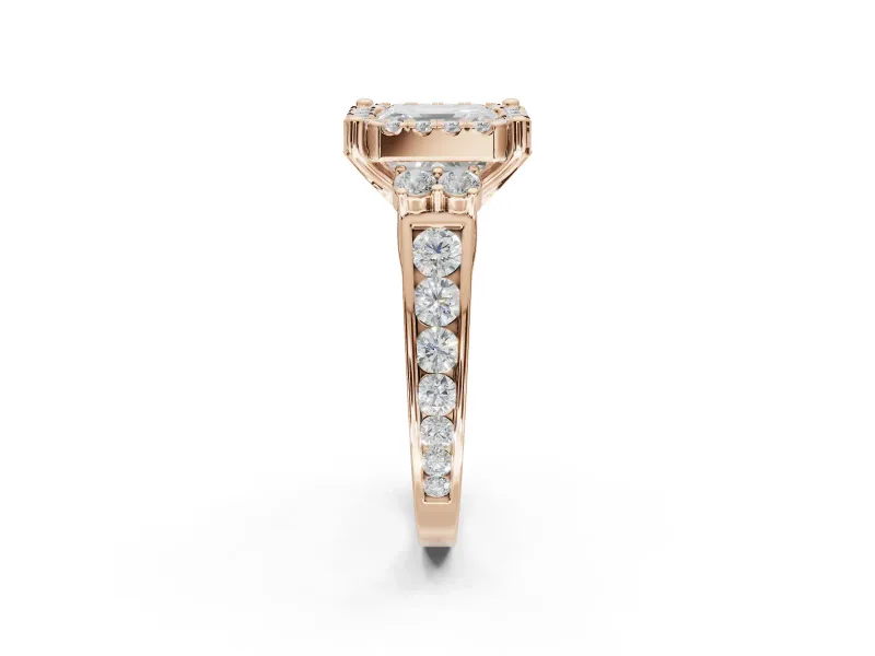 Asscher Cut Halo Side Cluster Engagement Ring Setting | Graduated Channel Band | Rose Gold