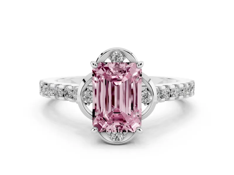 Fancy Pink Emerald Cut Diamond Solitaire Ring Set in Platinum with Pavé Band and Floral Prong Setting