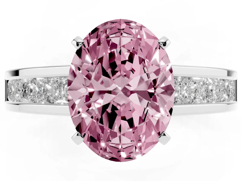 Fancy Pink Oval Cut Diamond Solitaire Ring Set in Silver with Channel-Set Band and Prong Setting