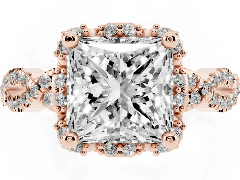 Princess Cut Milgrain Halo Engagement Ring Setting | Graduated Shoulders | Rose Gold