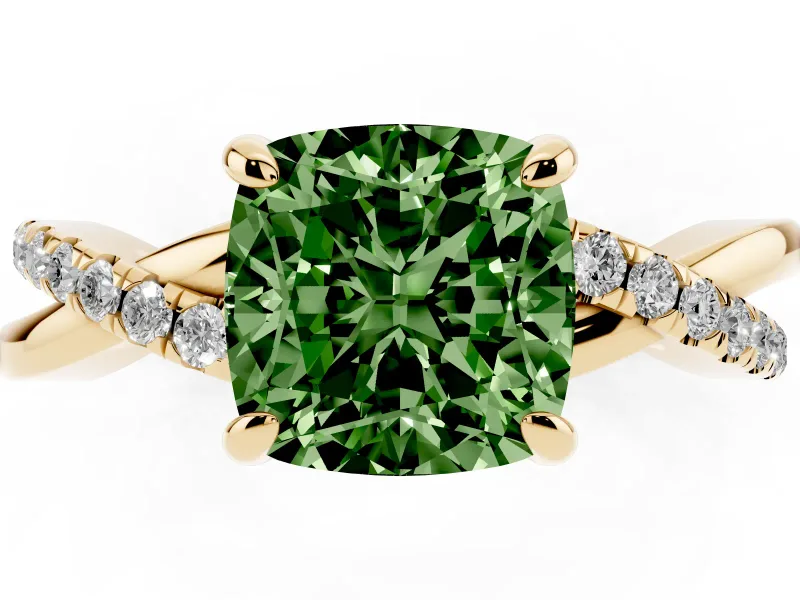 Fancy Green Cushion Cut Diamond Twist Band Solitaire Set in Yellow gold with Pavé Accents and Prong Setting