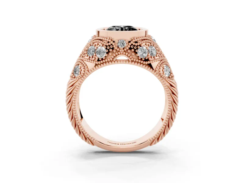 Fancy Black Round Cut Diamond Bezel Ring Set in Rose gold with Milgrain Accent Band