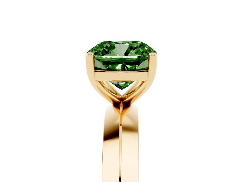 Fancy Green Cushion Cut Diamond Solitaire Engagement Ring Set in Yellow gold with Flat Band and Prong Setting