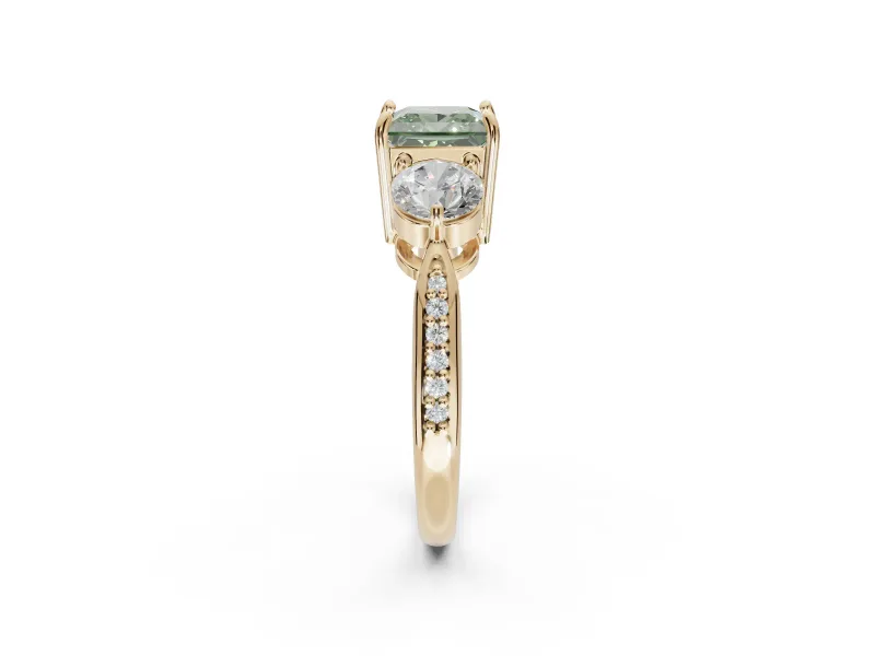 Princess Cut Three Stone Engagement Ring Setting for a Fancy Green Lab-Grown Diamond | Tapered Pave Band | Yellow Gold