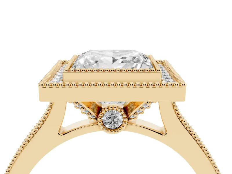 Princess Cut Vintage Milgrain Halo Engagement Ring Setting | Bezel Head | Yellow Gold