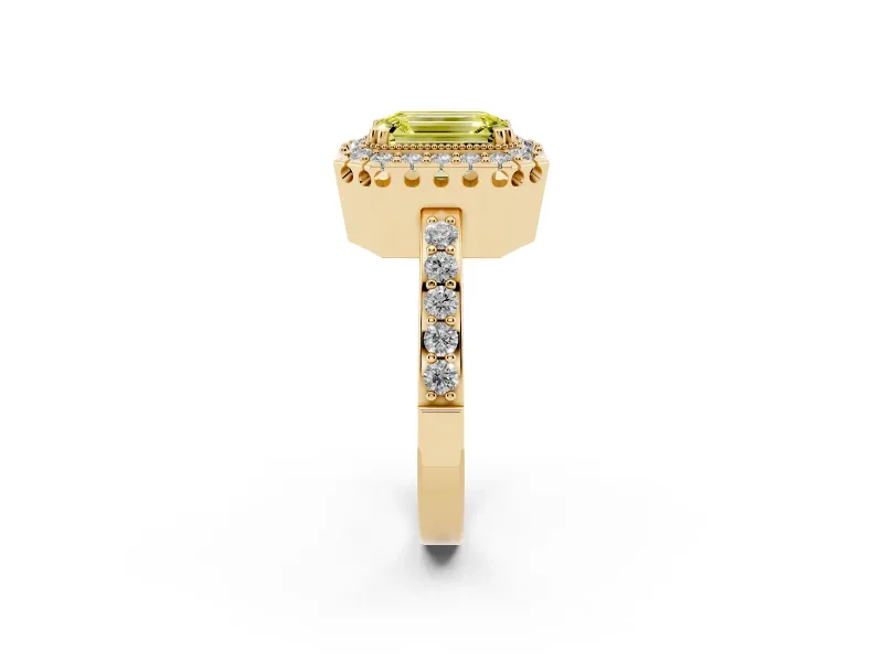 Emerald Cut Milgrain Halo Engagement Ring Setting for a Fancy Yellow Lab-Grown Diamond | Pavé Shoulders | Yellow Gold