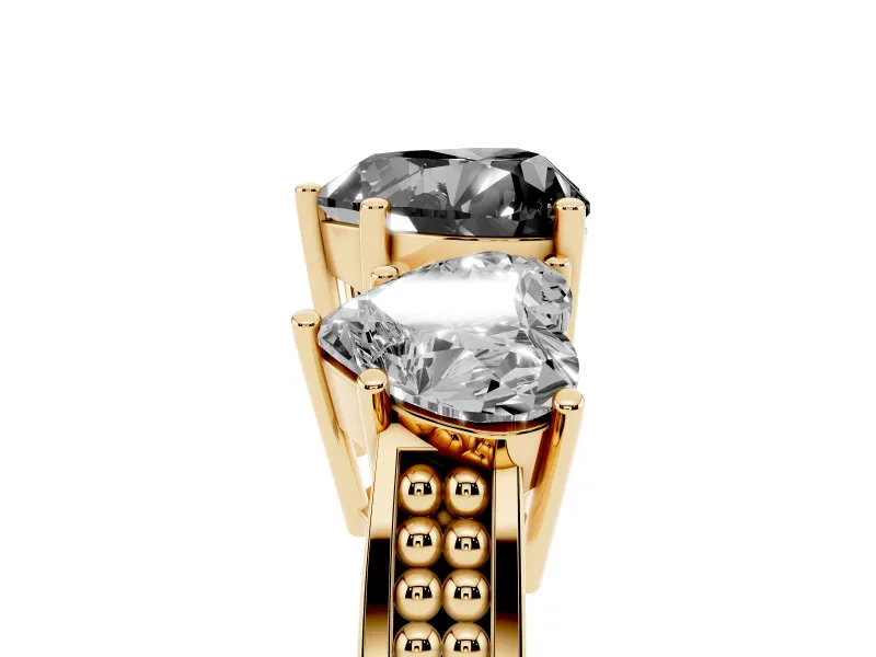 Heart-Shaped Three Stone Engagement Ring Setting for a Black Center | Beaded Shoulders | Yellow Gold