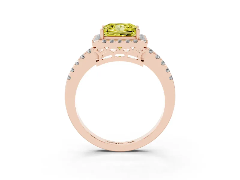 Fancy Yellow Princess Cut Diamond Pavé Band Halo Engagement Ring Set in Rose gold with Prong Setting