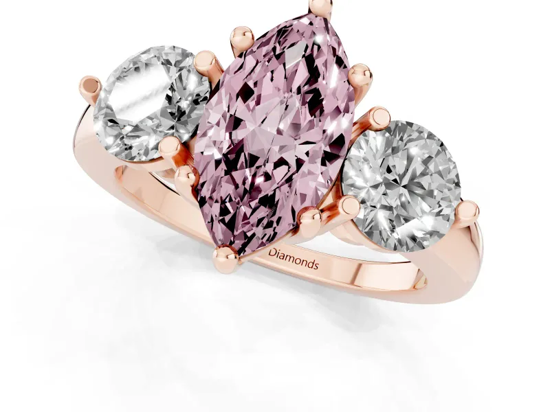 Fancy Pink Marquise Cut Diamond Three-Stone Ring Set in Rose gold with Prong Setting and Classic Band