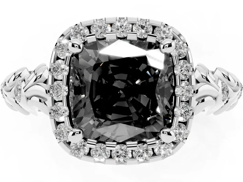 Cushion Cut Leaf Halo Engagement Ring Setting for a Black Center | Bezel Accents | White Gold
