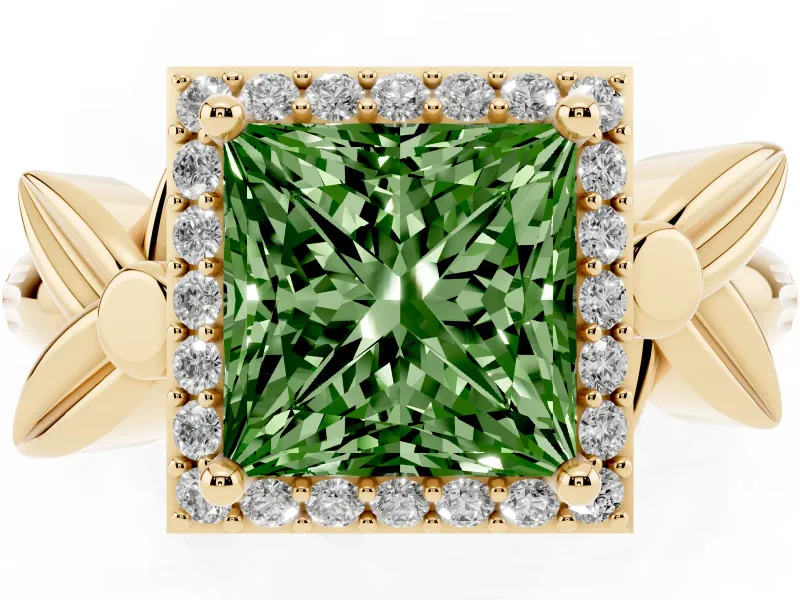 Princess Cut Floral Halo Engagement Ring Setting for a Fancy Green Lab-Grown Diamond | Yellow Gold
