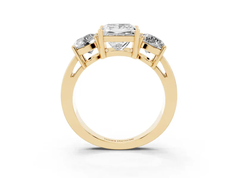 Princess Cut Three Stone Engagement Ring Setting | Wide Plain Band | Yellow Gold