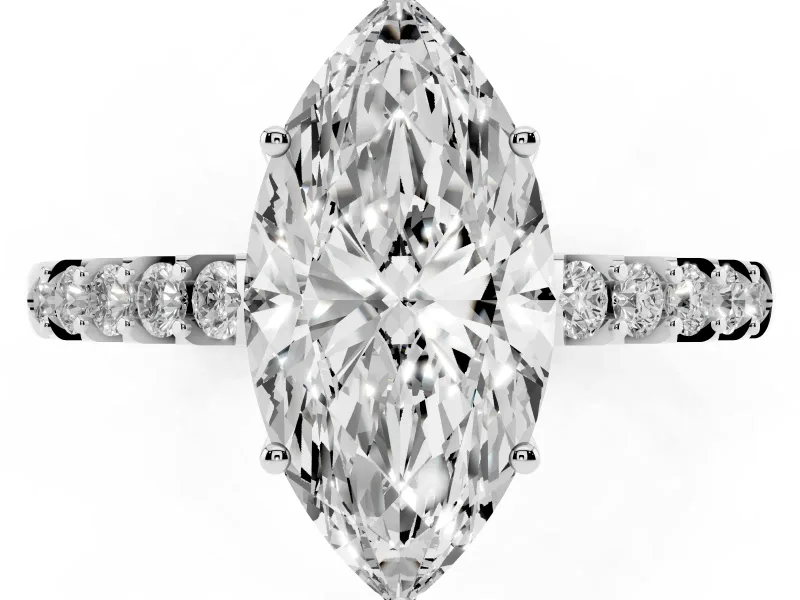 Marquise Hidden Halo Solitaire Engagement Ring Setting | Shared Prong Band | Sterling Silver