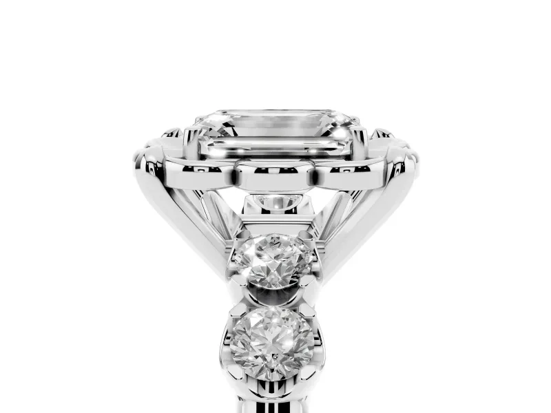 Emerald Cut Floral Engagement Ring Setting | Petal Frame and Side Stones | Platinum