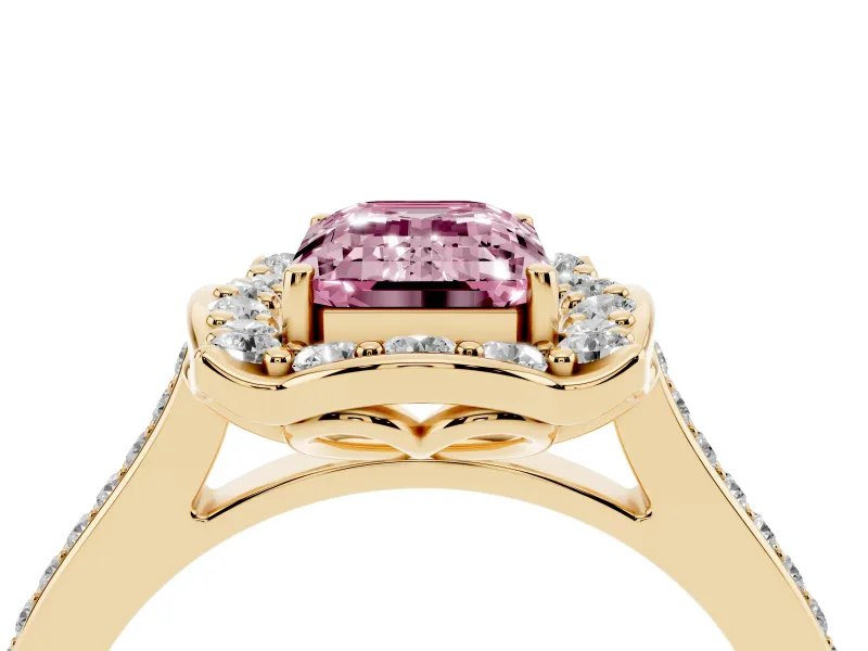 Emerald Cut Petal Tip Halo Engagement Ring Setting for a Fancy Pink Lab-Grown Diamond | Pavé Band | Yellow Gold