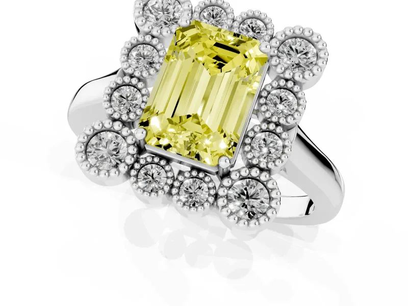 Emerald Cut Milgrain Cluster Halo Engagement Ring Setting for a Fancy Yellow Lab-Grown Diamond | Plain Band | White Gold