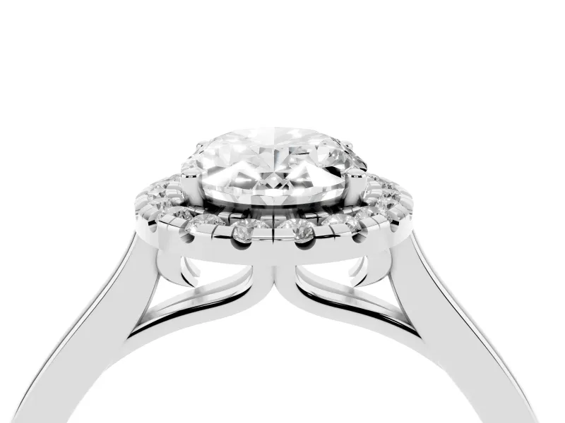 Oval Cut Halo Round Diamond Solitaire Ring Set in White gold with Pavé Band and Prong Setting