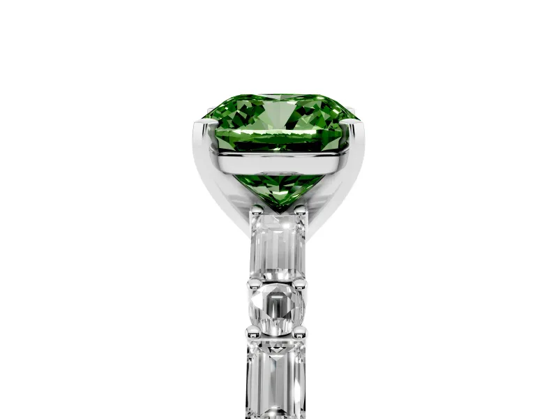Fancy Green Cushion Cut Diamond Solitaire Set in Platinum with Side Baguettes and Channel Set Band