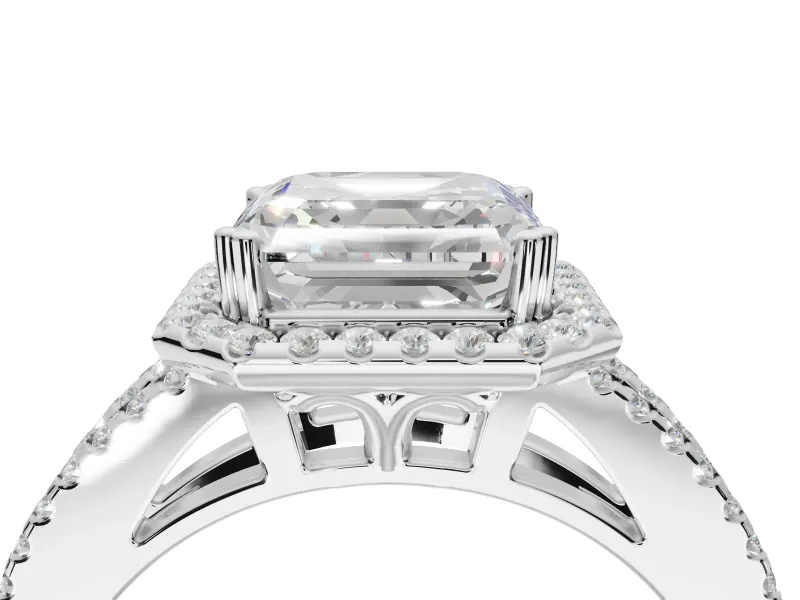 Asscher Cut Halo Split Shank Engagement Ring Setting | Pavé Shoulders | White Gold