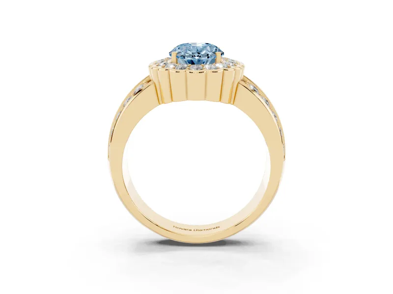 Fancy Blue Oval Cut Diamond Scalloped Halo Ring Set in Yellow gold with Pavé Split Shank