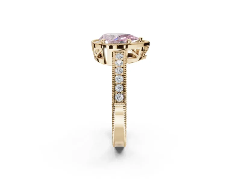 Pear-Shaped Milgrain Halo Engagement Ring Setting for a Fancy Pink Lab-Grown Diamond | Wide Pavé Band | Yellow Gold