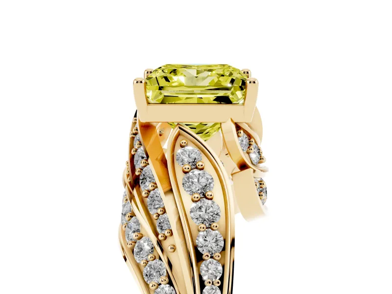Fancy Yellow Princess Cut Diamond Solitaire Ring Set in Yellow gold with Layered Twist Pavé Band