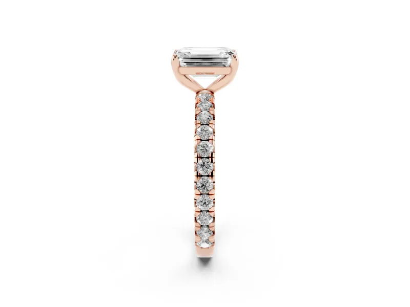 Emerald Cut Pavé Solitaire Engagement Ring Setting | Shared Prong Band | Rose Gold