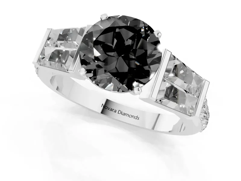 Fancy Black Round Cut Diamond Engagement Ring Set in Platinum with Baguette Side Stones and Channel Set Band
