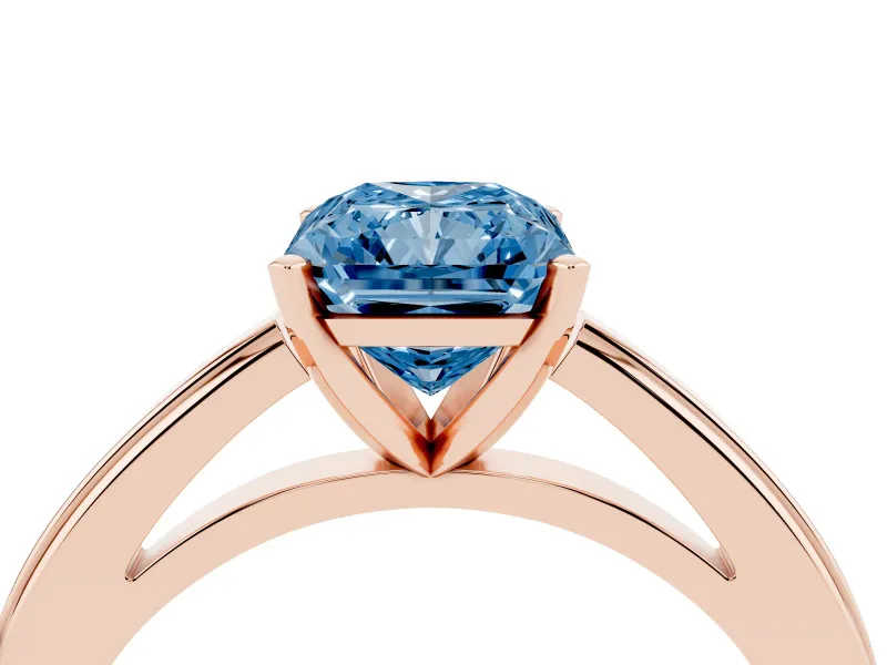 Fancy Blue Radiant Cut Diamond Solitaire Ring Set in Rose gold with Prong Setting and Classic Band