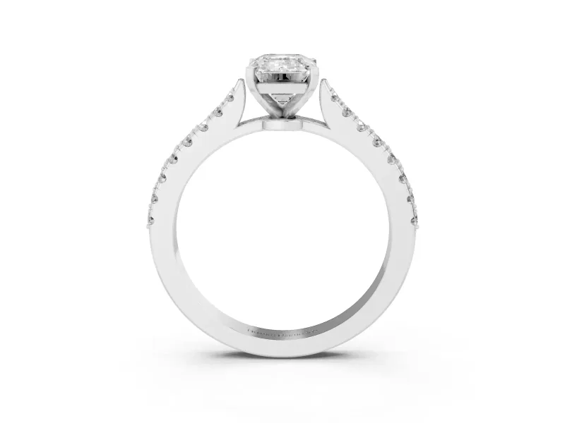 Emerald Cut Pavé Solitaire Engagement Ring Setting | Single Row Shoulders | White Gold