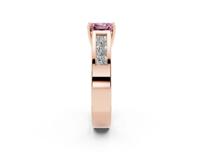 Fancy Pink Asscher Cut Diamond Solitaire Ring Set in Rose gold with Channel-Set Accent Stones and Prong Setting