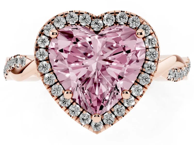 Fancy Pink Heart Cut Diamond Halo Twisted Band Ring Set in Rose gold with Prong Setting