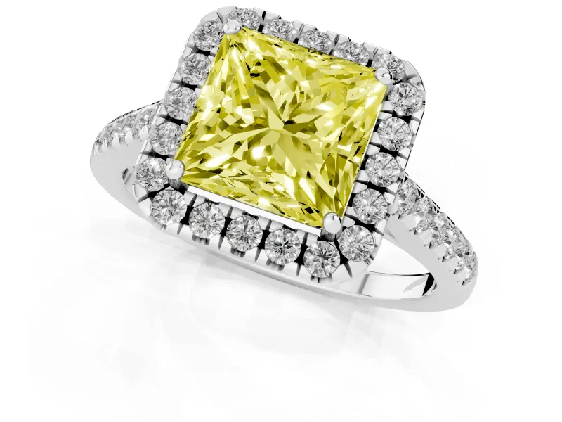 Fancy Yellow Princess Cut Diamond Halo Pavé Engagement Ring Set in Silver with Prong Setting