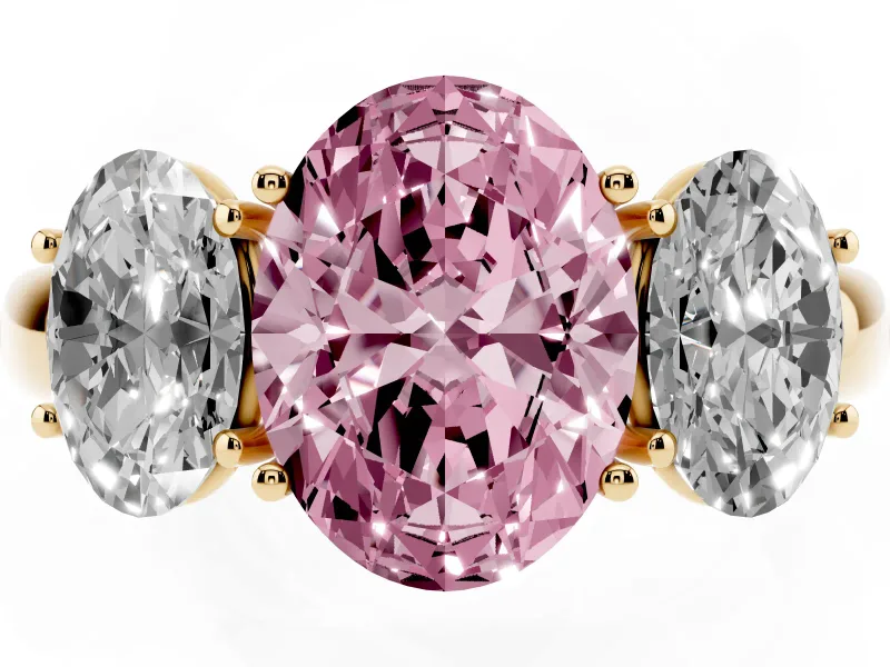 Fancy Pink Oval Cut Diamond Three-Stone Ring Set in Yellow gold with Bold Center and Classic Band
