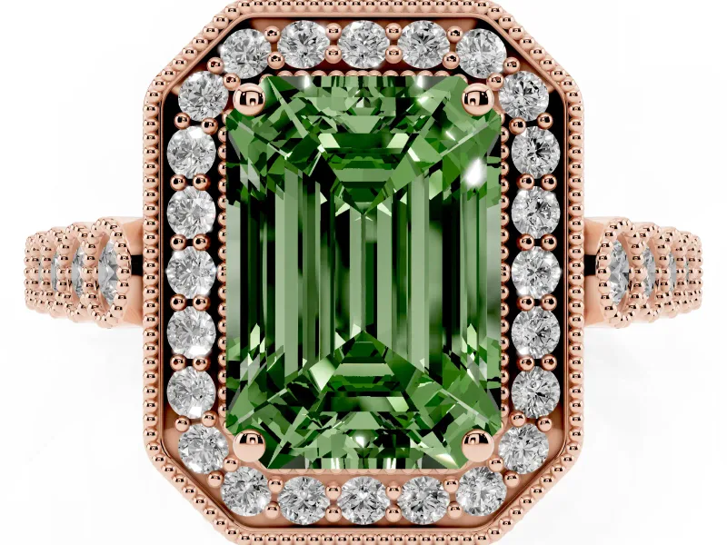 Emerald Cut Graduated Milgrain Halo Engagement Ring Setting for a Fancy Green Lab-Grown Diamond | Rose Gold