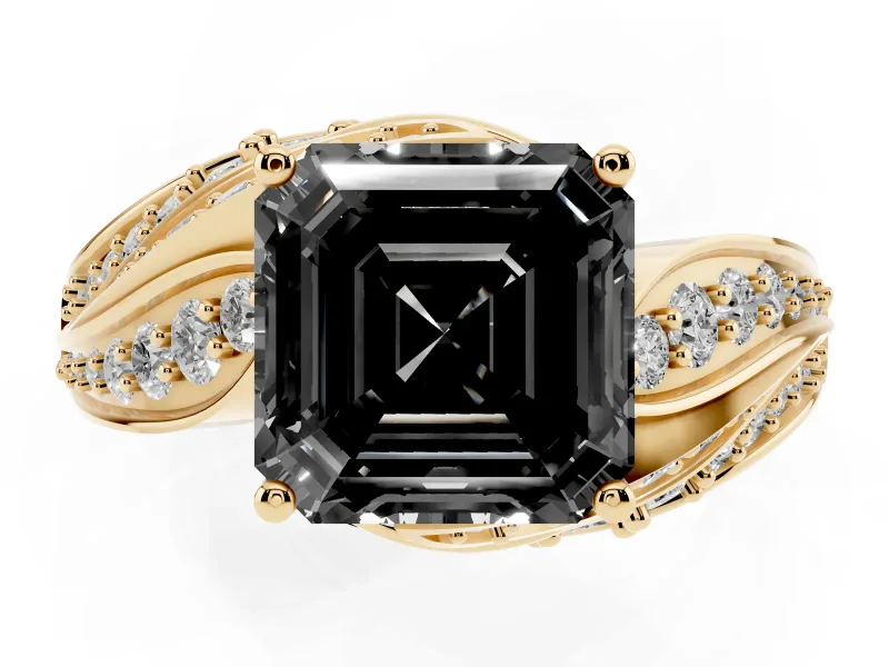Asscher Cut Bypass Pavé Engagement Ring Setting for a Black Center | Graduated Pavé | Yellow Gold