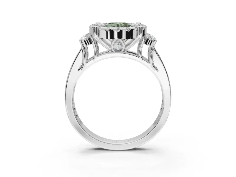 Round Halo Engagement Ring Setting for a Fancy Green Lab-Grown Diamond | Side Clusters | Platinum