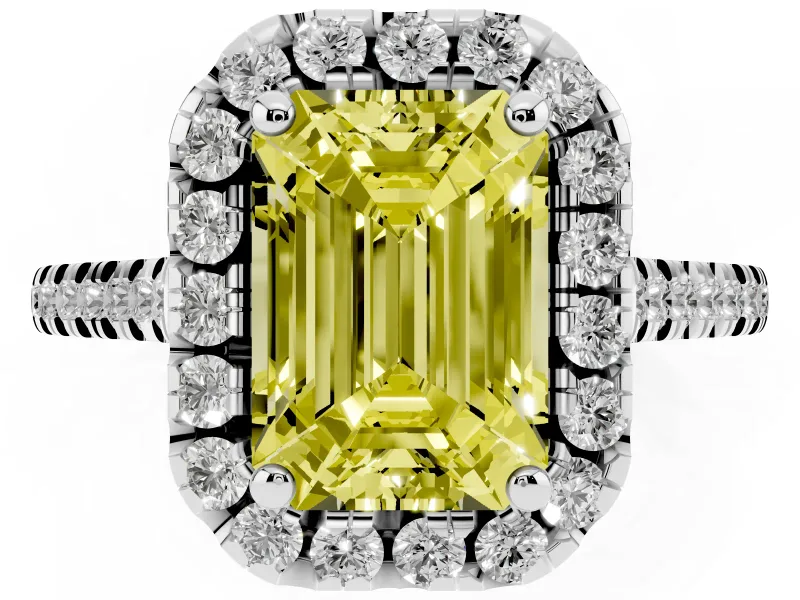 Emerald Cut Halo Engagement Ring Setting for a Fancy Yellow Lab-Grown Diamond | Tapered Band | Platinum