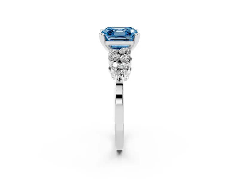 Fancy Blue Asscher Cut Diamond Cluster Engagement Ring Set in Silver with Pavé Band and Prong Setting