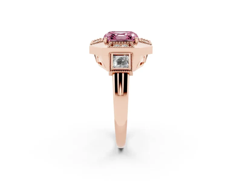 Fancy Pink Asscher Cut Diamond Milgrain Halo Ring Set in Rose gold with Split Shank