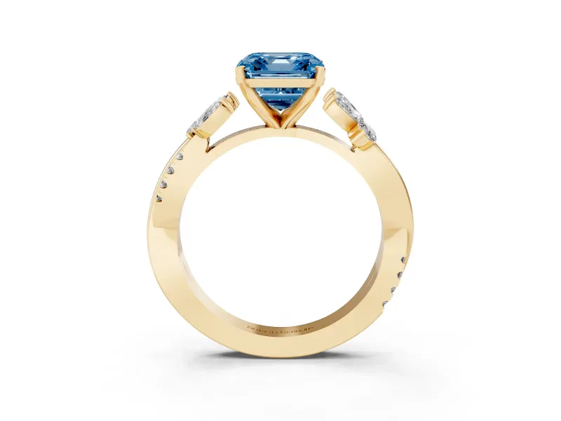 Fancy Blue Asscher Cut Diamond Floral Vine Solitaire Engagement Ring Set in Yellow gold with Marquise Leaves