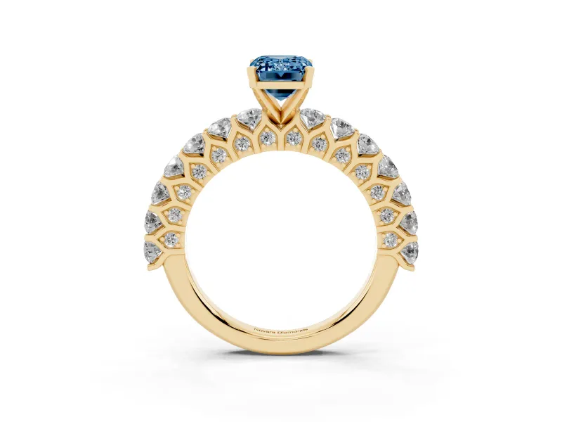 Emerald Cut Shared Prong Engagement Ring Setting for a Fancy Blue Lab-Grown Diamond | Yellow Gold