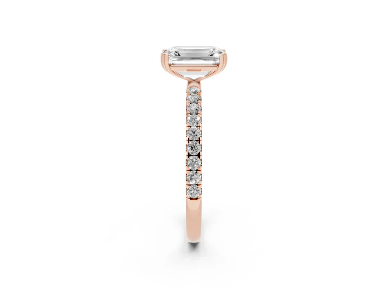 Emerald Cut Diamond Brilliant Solitaire Set in Rose gold with Pavé Band and Claw Prong Setting
