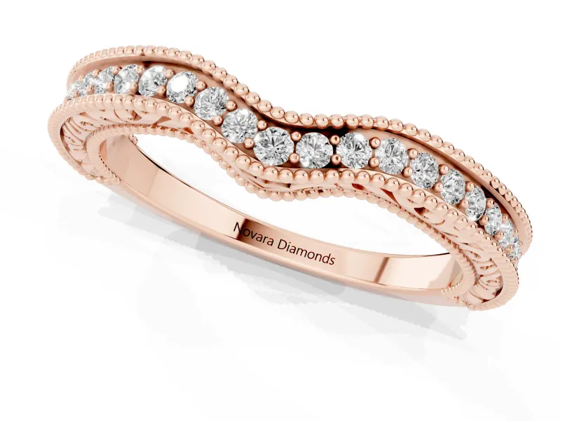 Round Lab-Grown Diamond Pavé Chevron Milgrain Wedding Band | Scrollwork Sides | Rose Gold