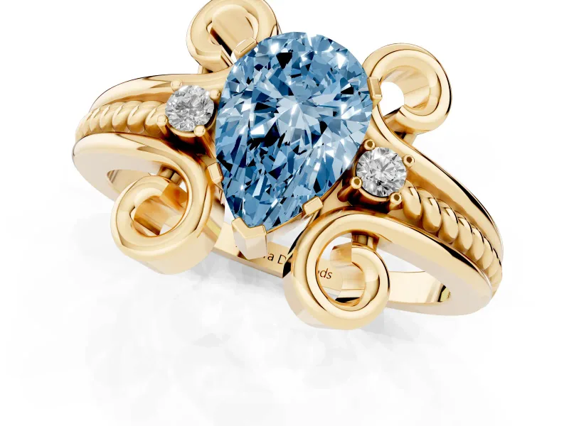 Pear-Shaped Scroll Engagement Ring Setting for a Fancy Blue Lab-Grown Diamond | Yellow Gold