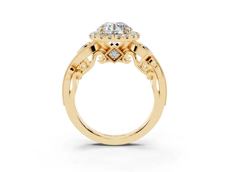 Round Cut Diamond Halo Ring Set in Yellow gold with Milgrain Pavé Band and Prong Setting